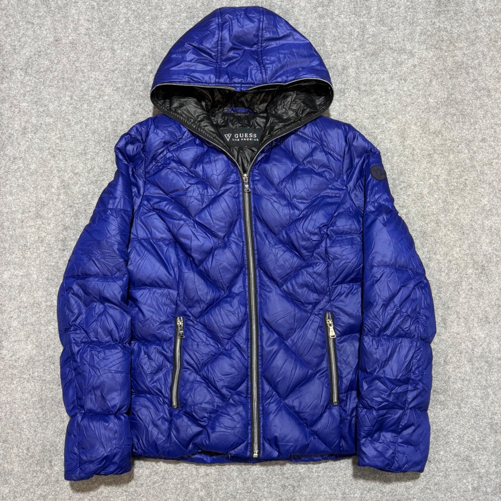 Guess Los Angeles Mens Royal Blue Chevron Quilted Hooded Puffer Jacket Large